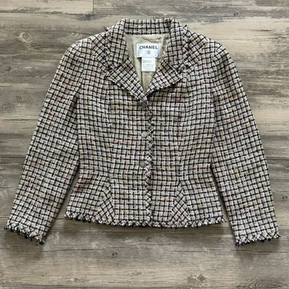 Vintage Chanel 2003 Tweed Blazer Jacket Size 42 Rare Designer Luxury